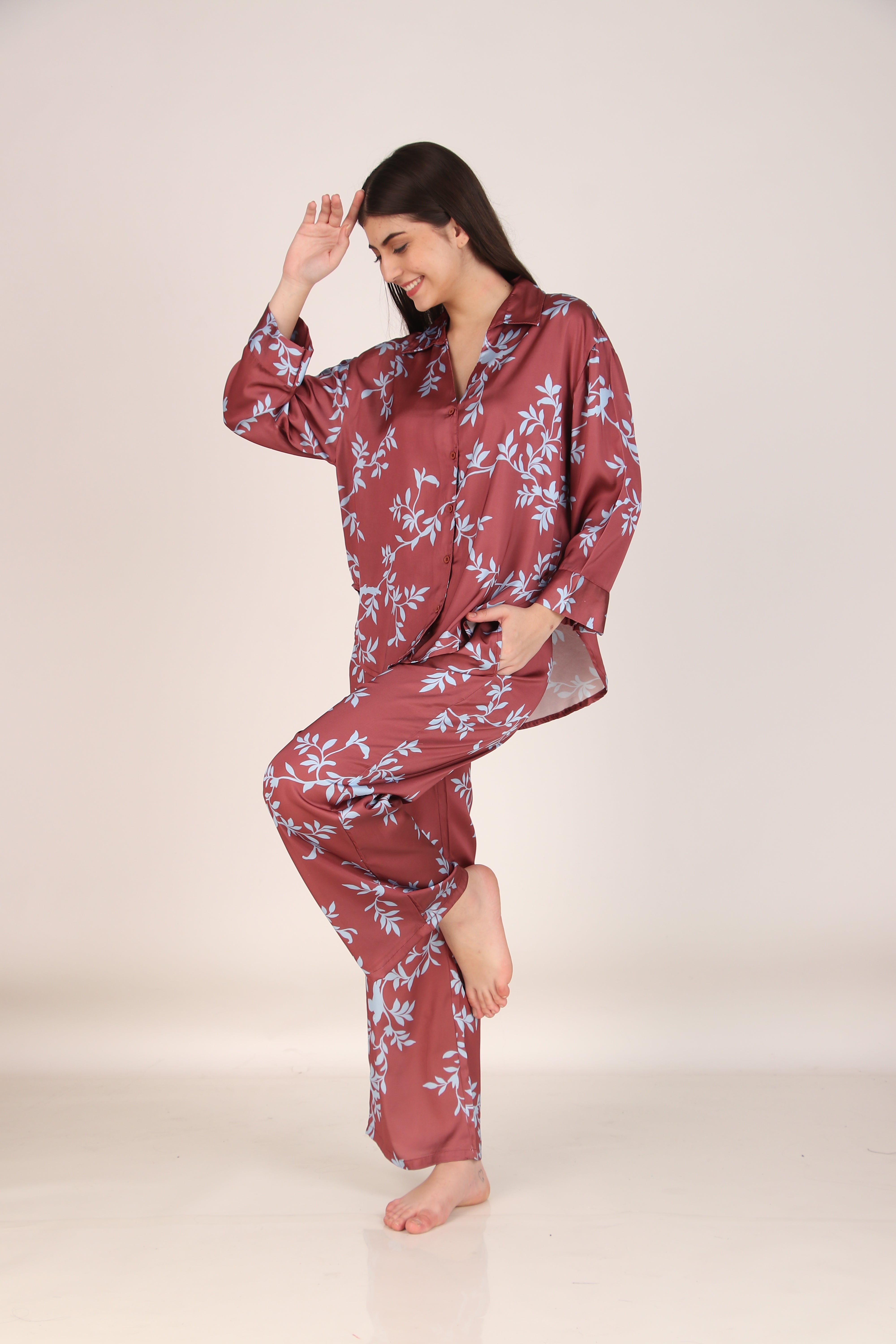 Blue Leaves Oversized Satin PJ Set