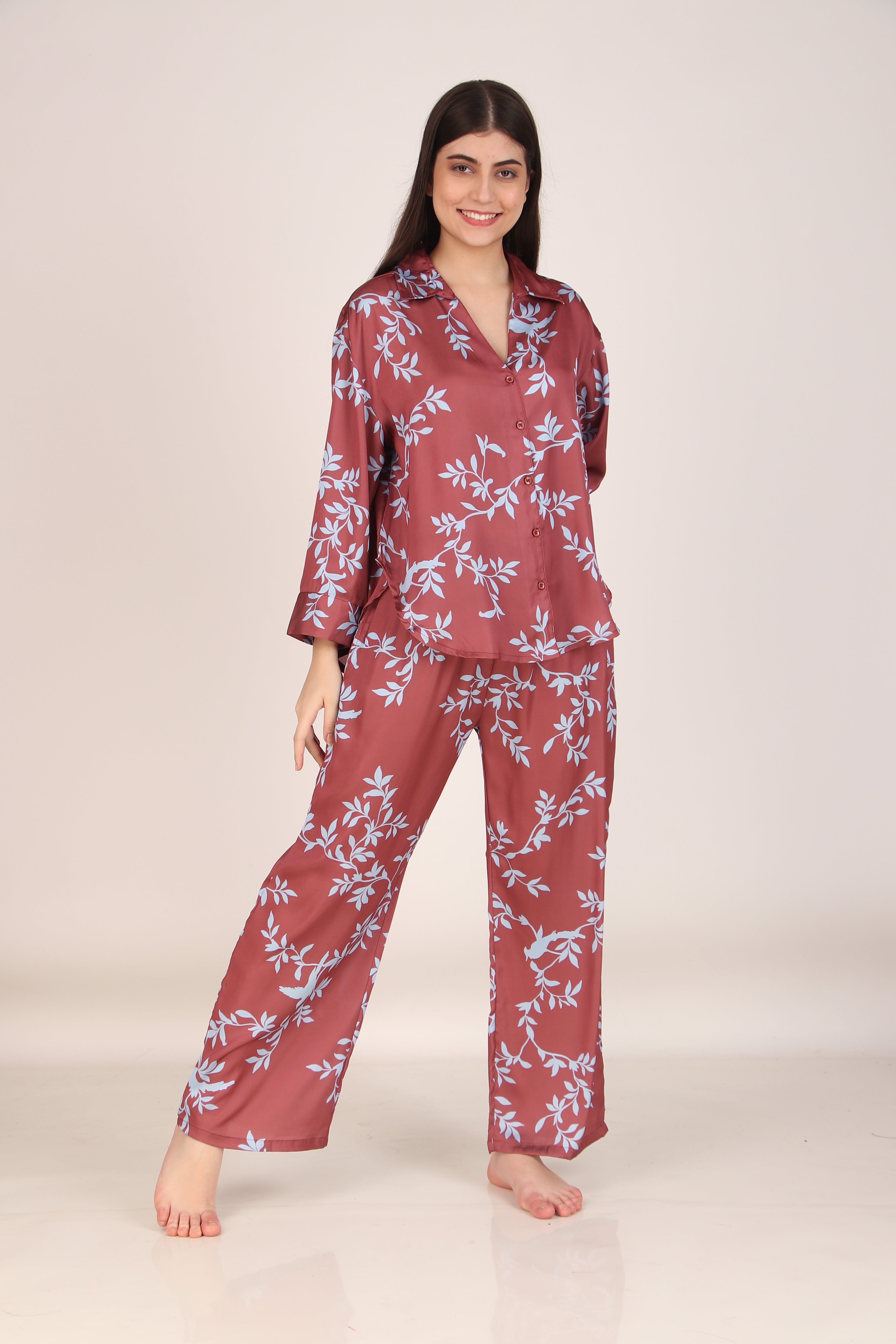 Blue Leaves Oversized Satin PJ Set