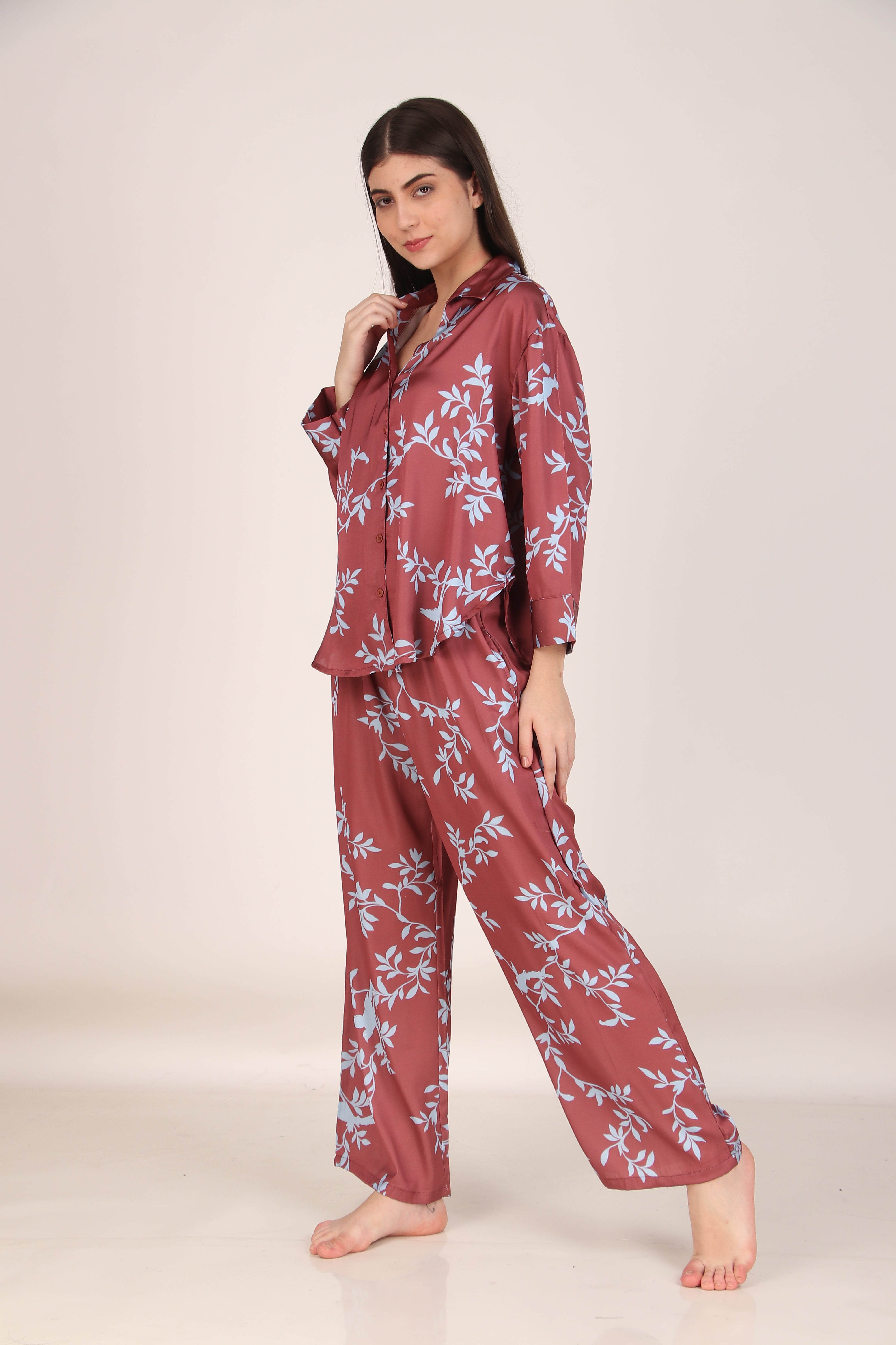 Blue Leaves Oversized Satin PJ Set