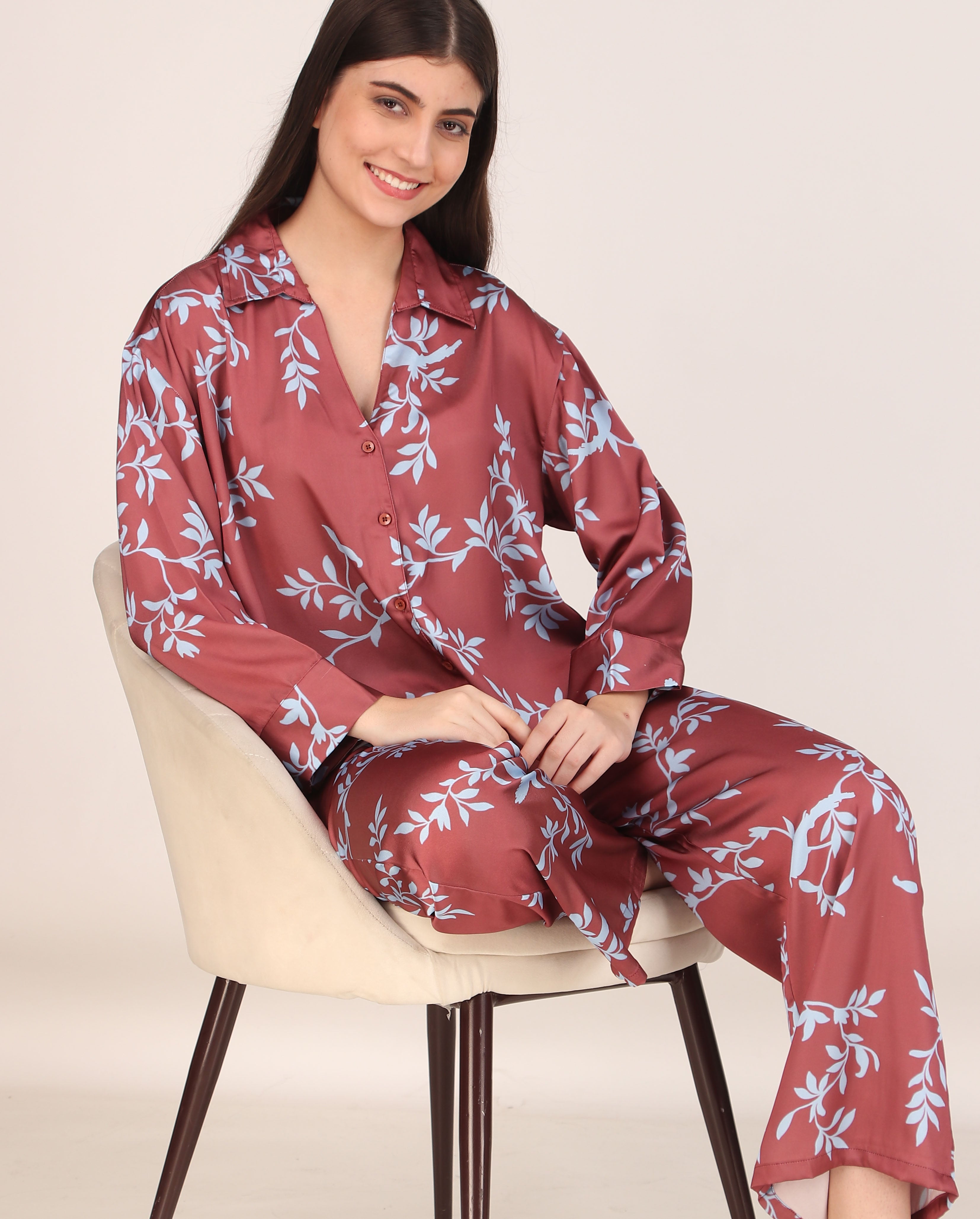 Blue Leaves Oversized Satin PJ Set