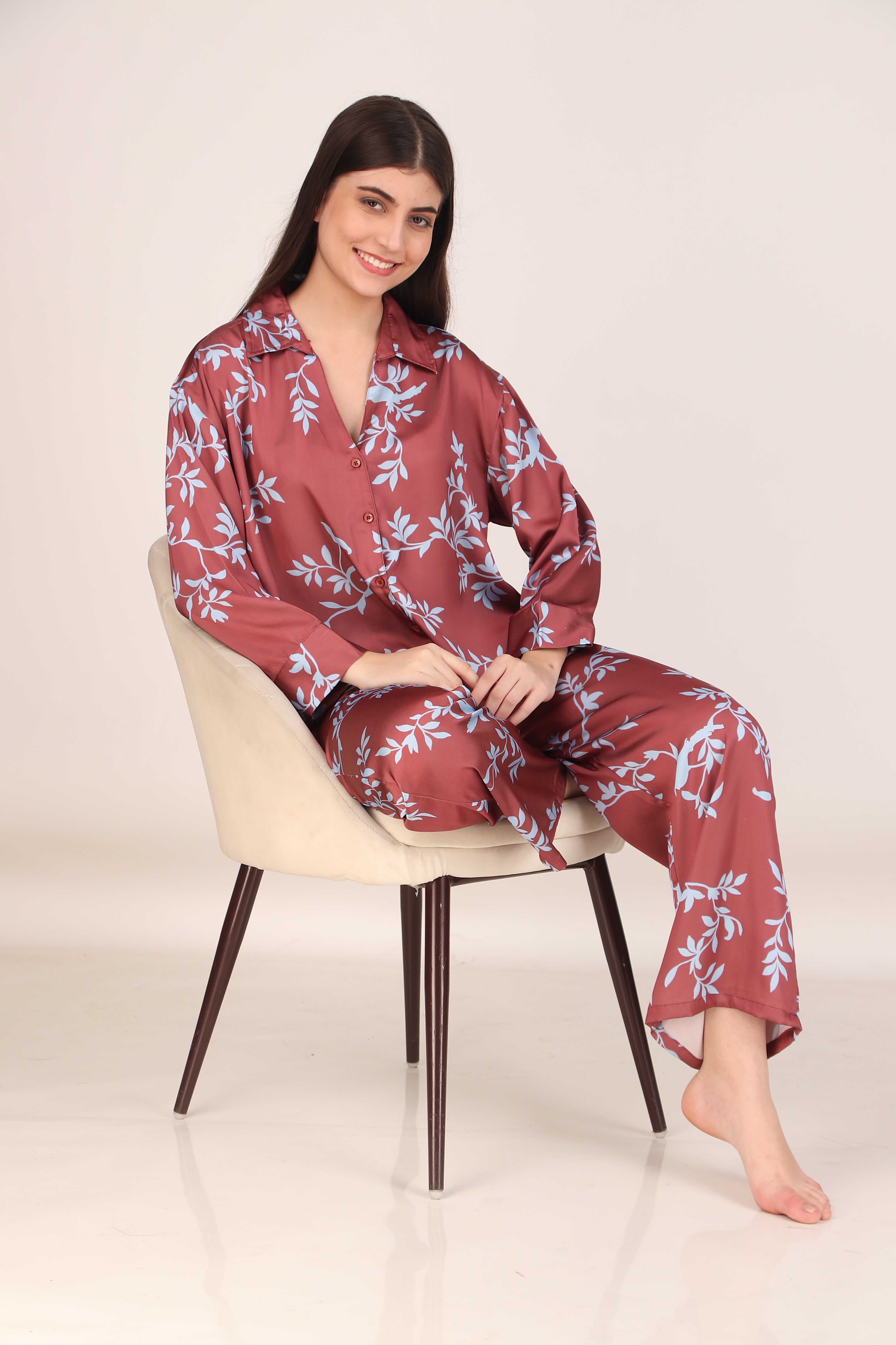 Blue Leaves Oversized Satin PJ Set