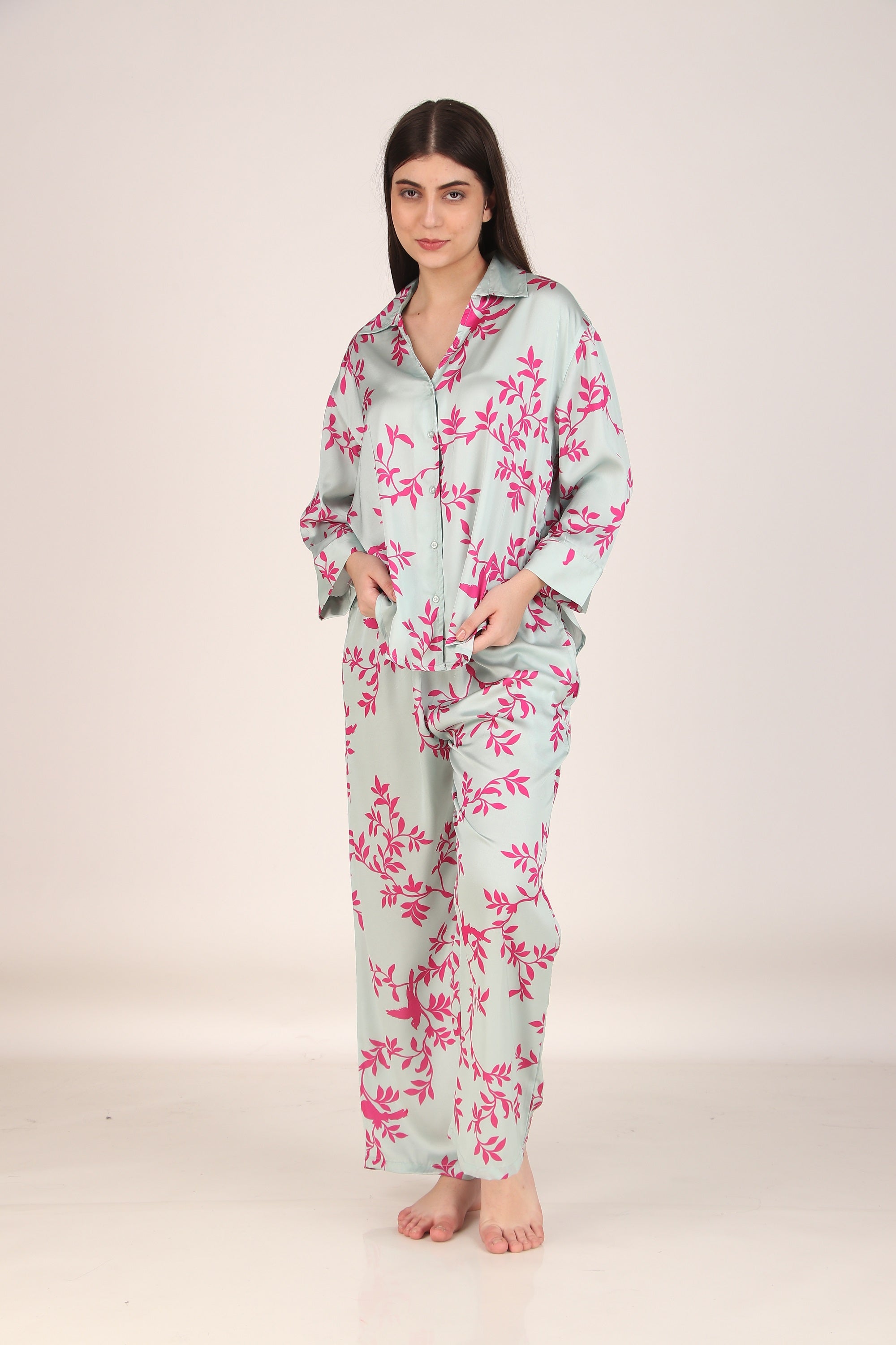 Pink Leaves Oversized Satin PJ Set