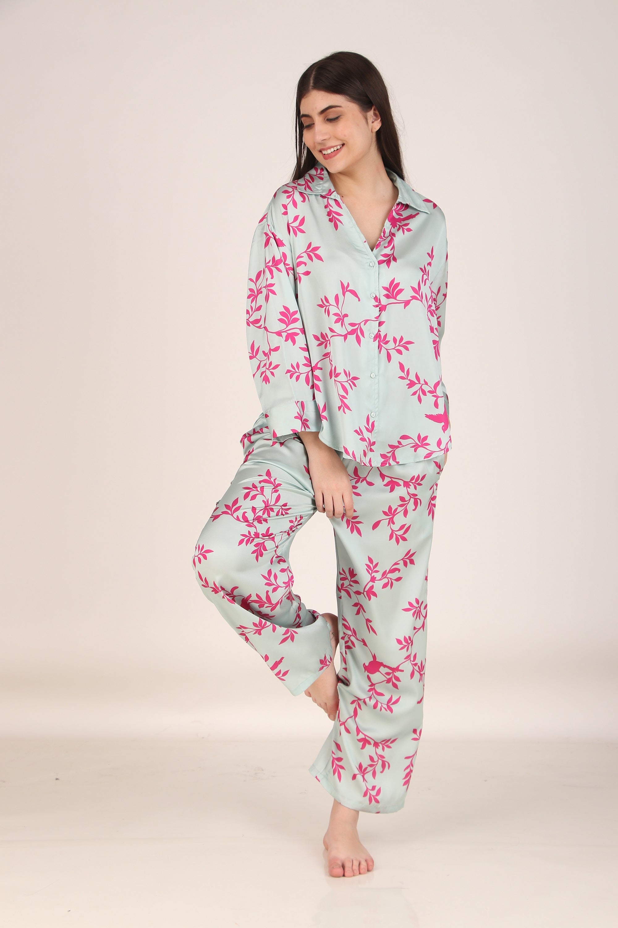 Pink Leaves Oversized Satin PJ Set