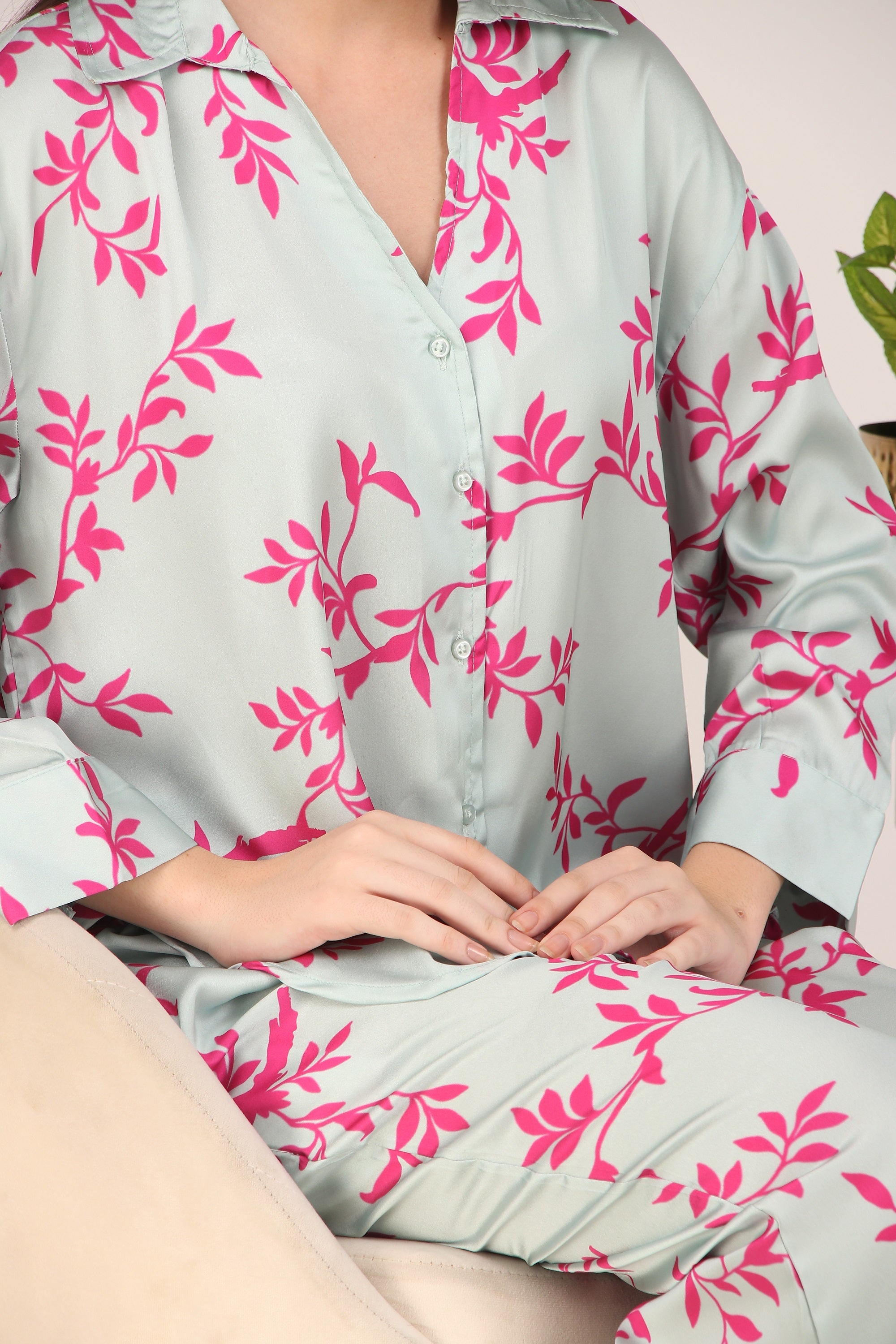 Pink Leaves Oversized Satin PJ Set