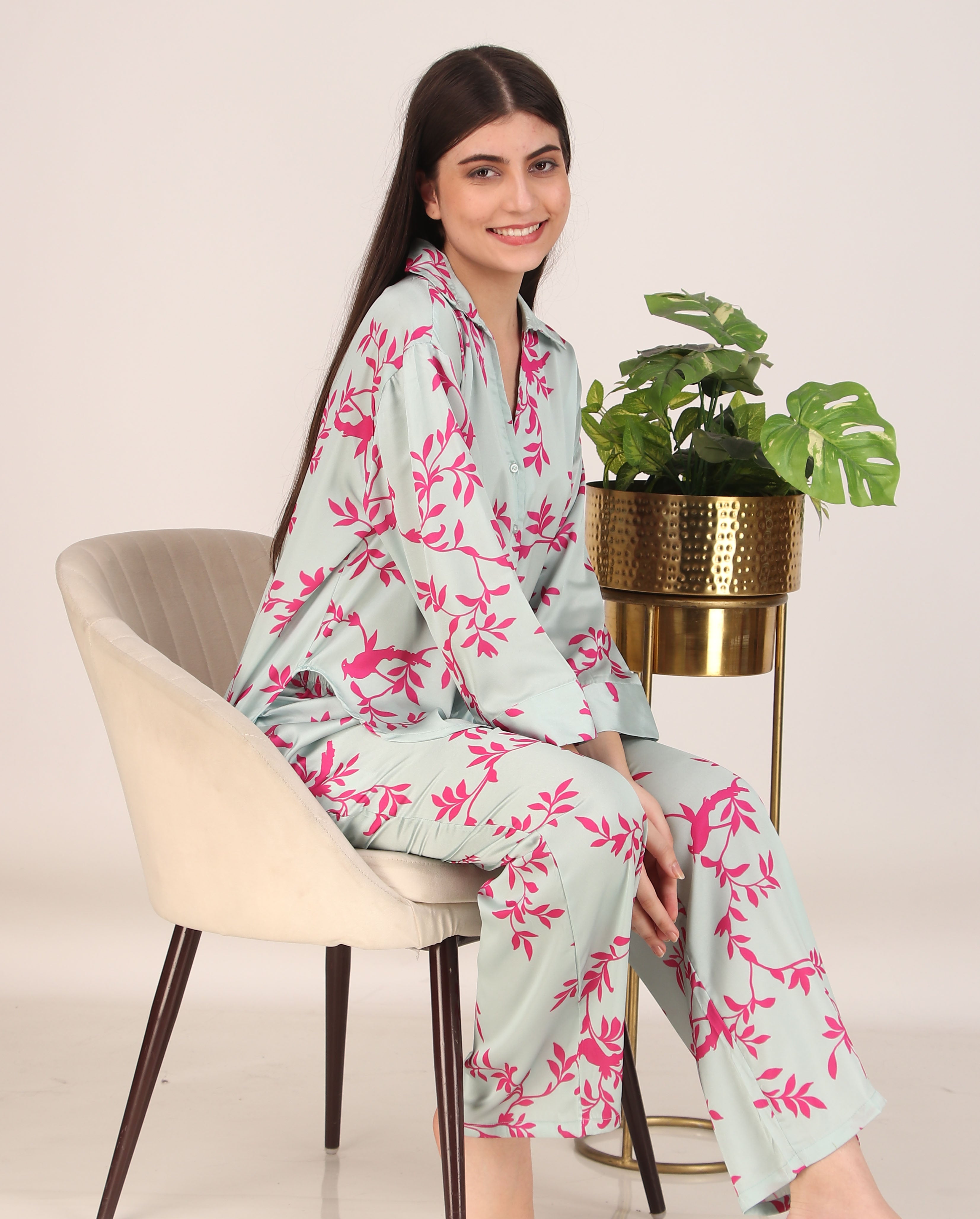 Pink Leaves Oversized Satin PJ Set