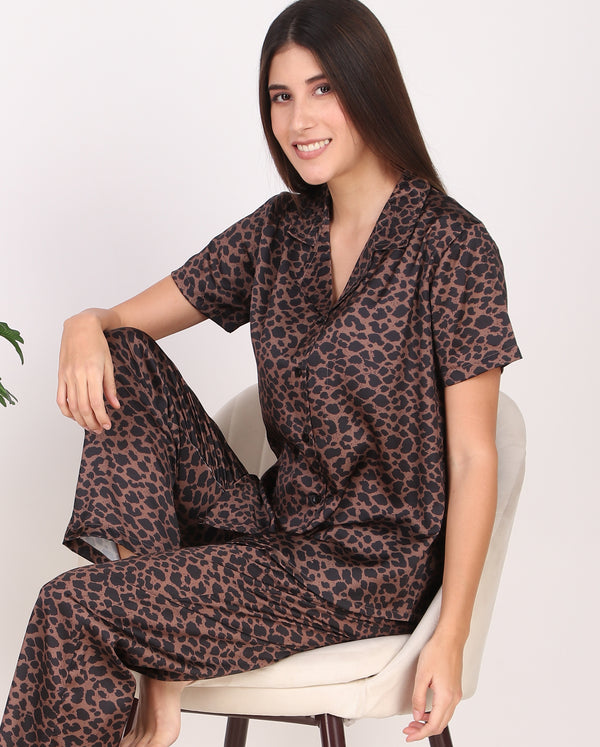 Brown Leopard Satin PJ Set