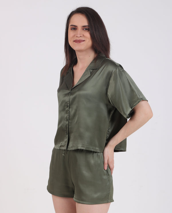 Satin Solid-Olive Short Set