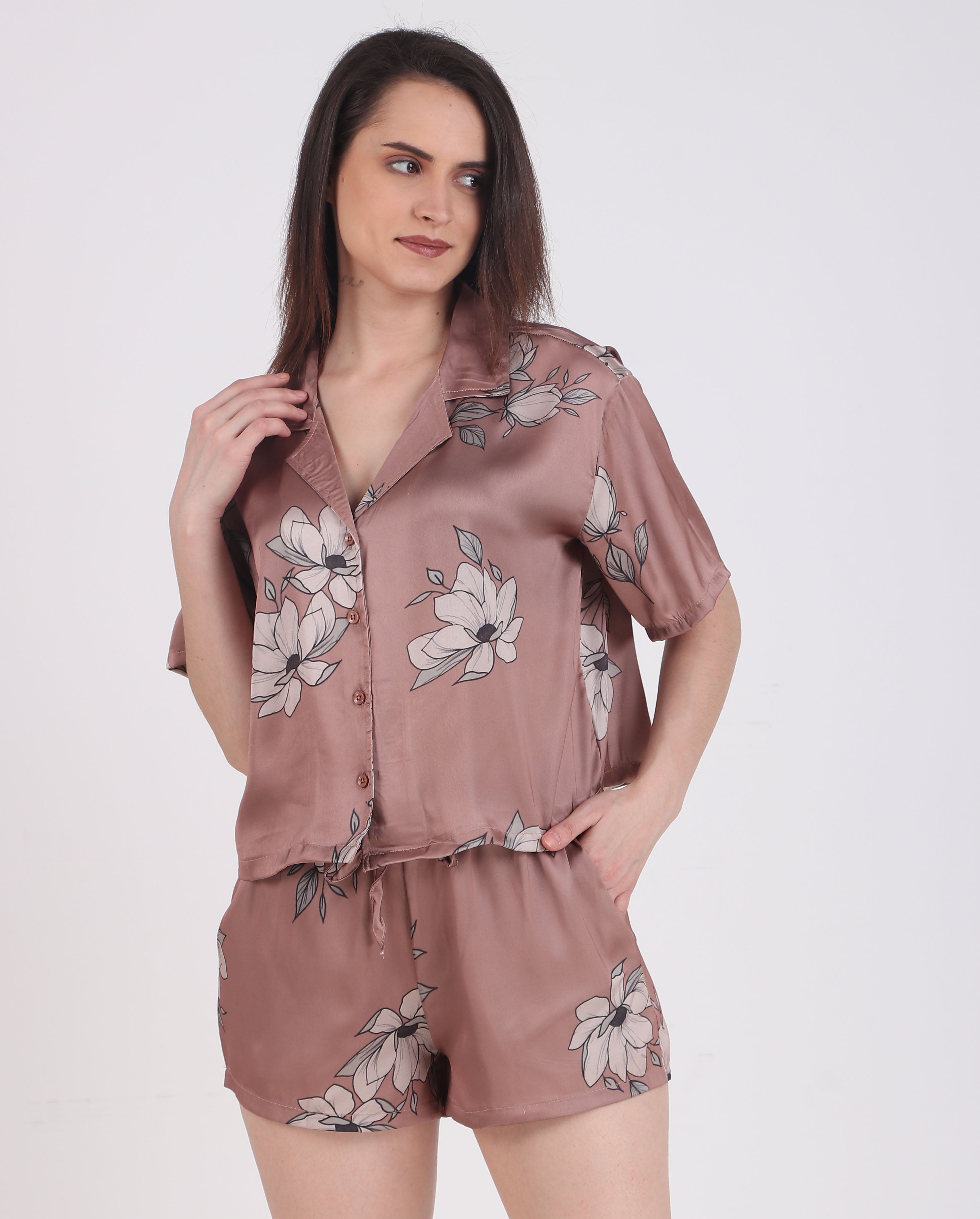 Satin Brown Flower Short Set