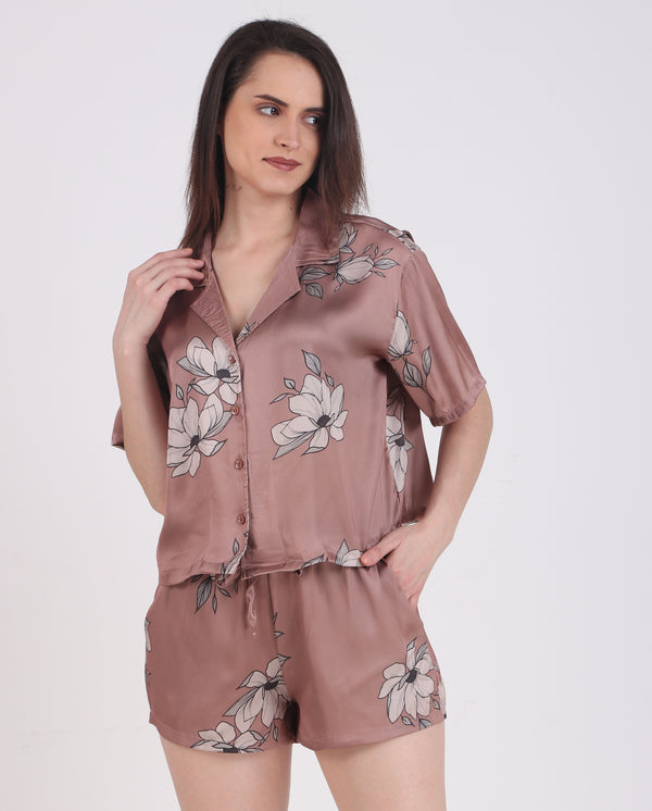 Satin Brown Flower Short Set