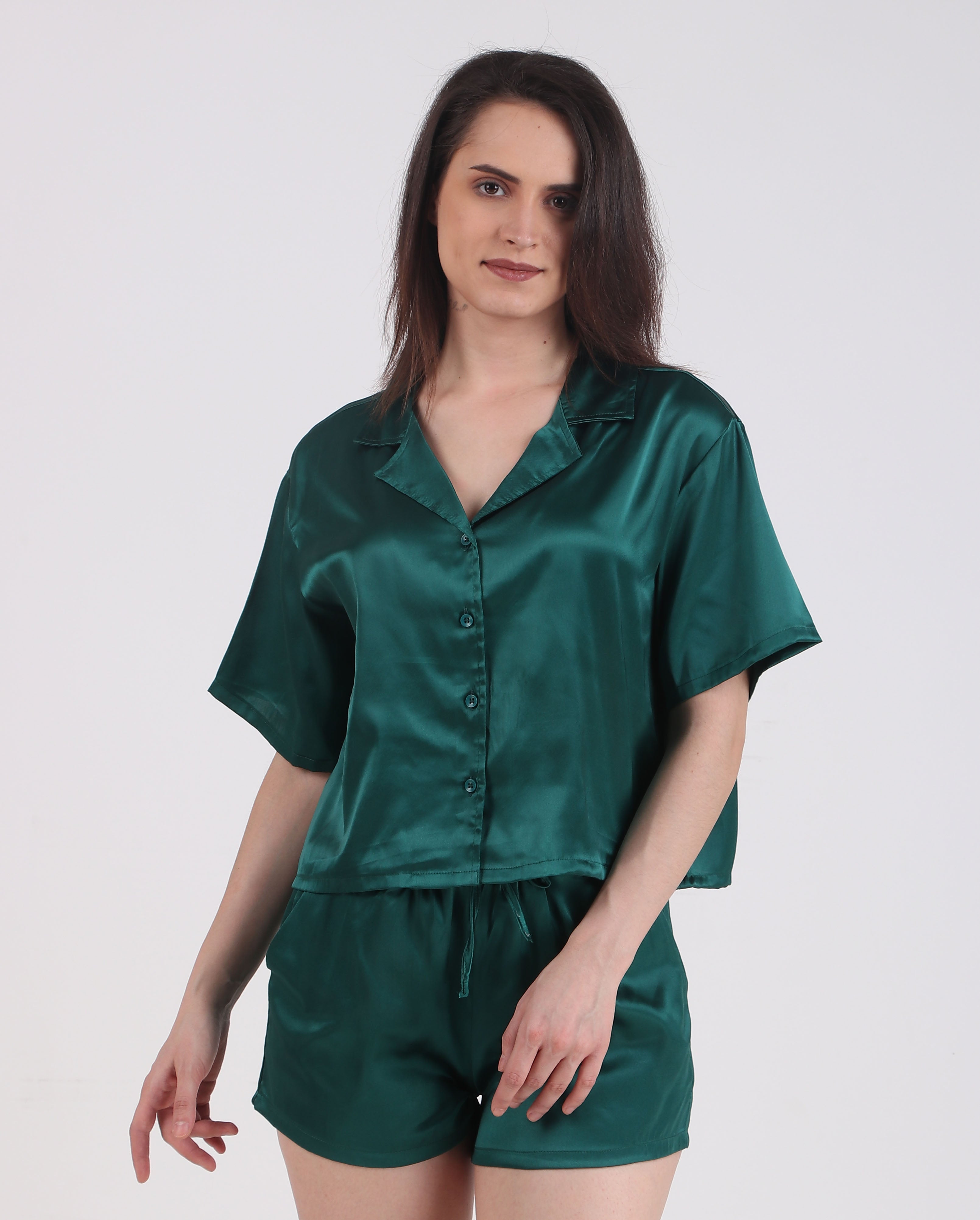 Satin Solid-Dark-Green Short Set