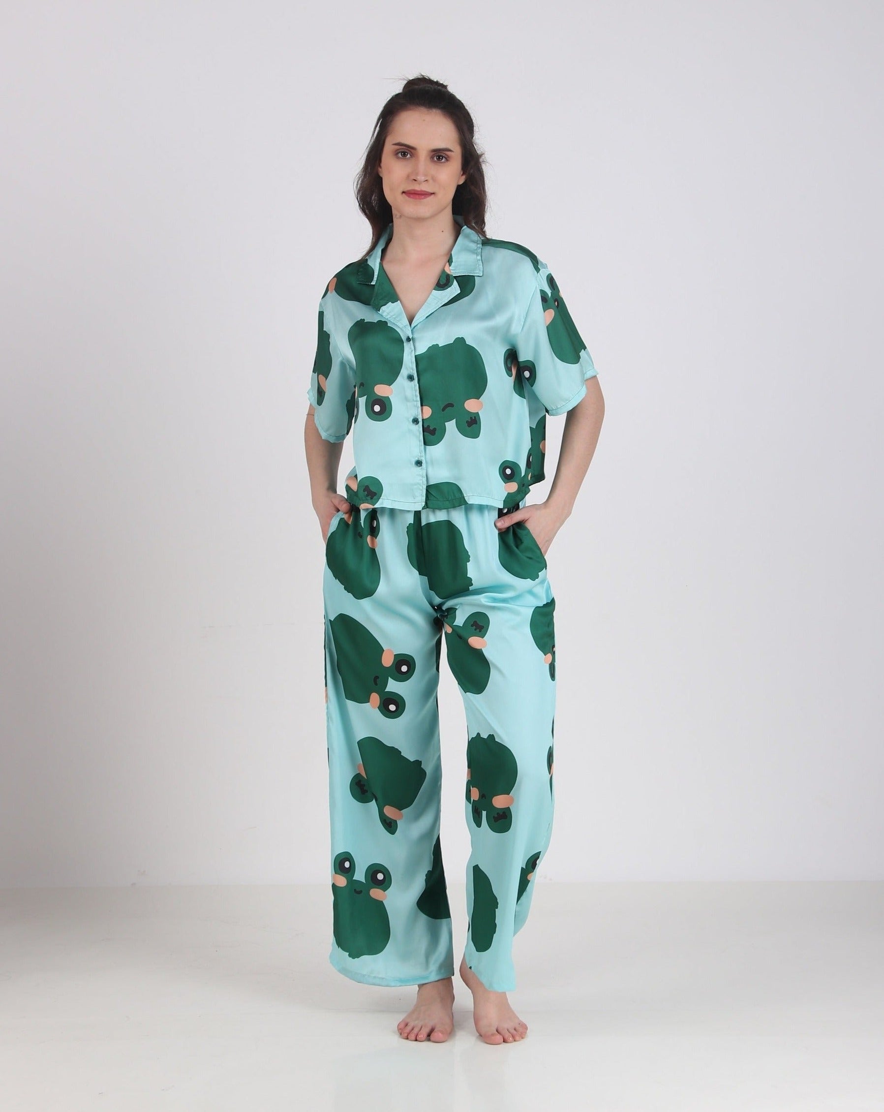 Satin Green Frog Top & Pyjama Set