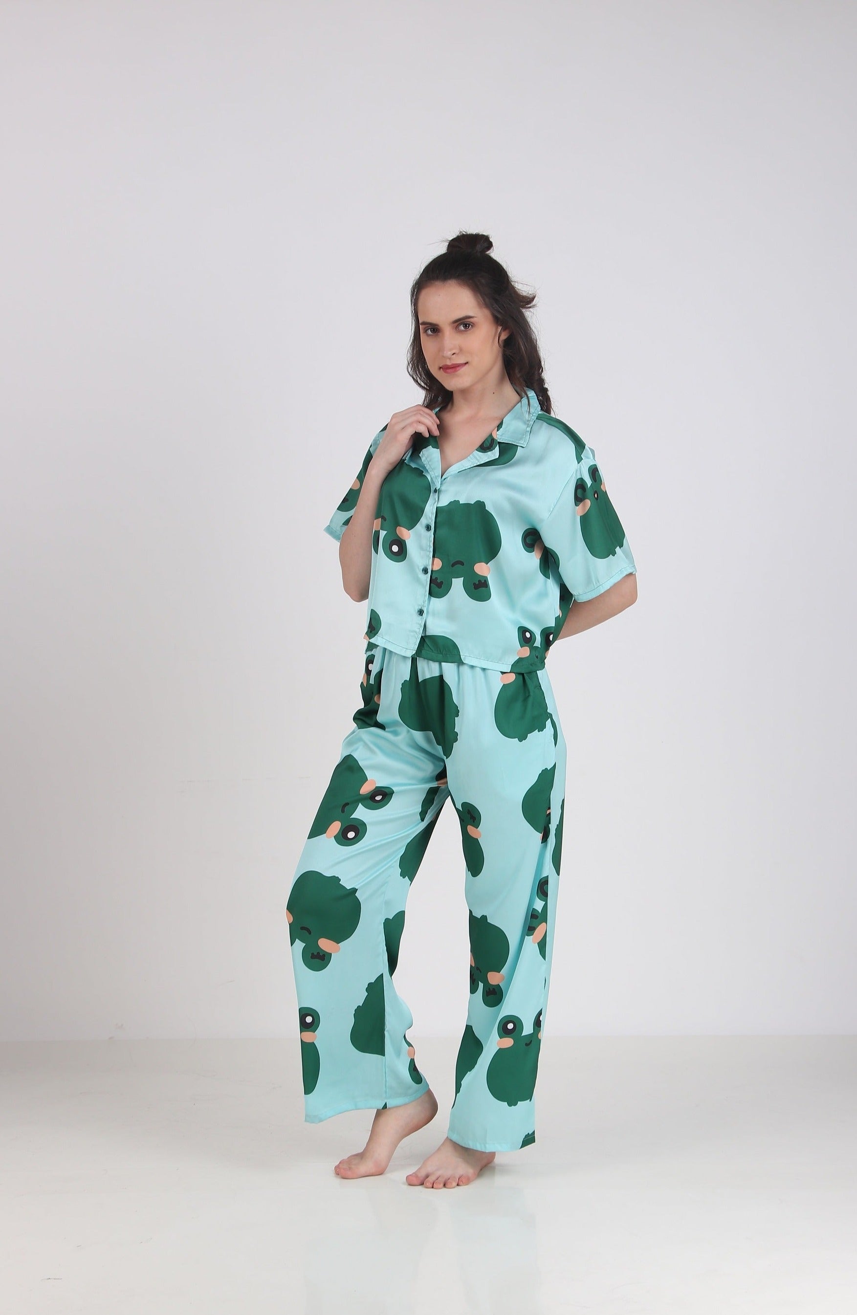 Satin Green Frog Top & Pyjama Set