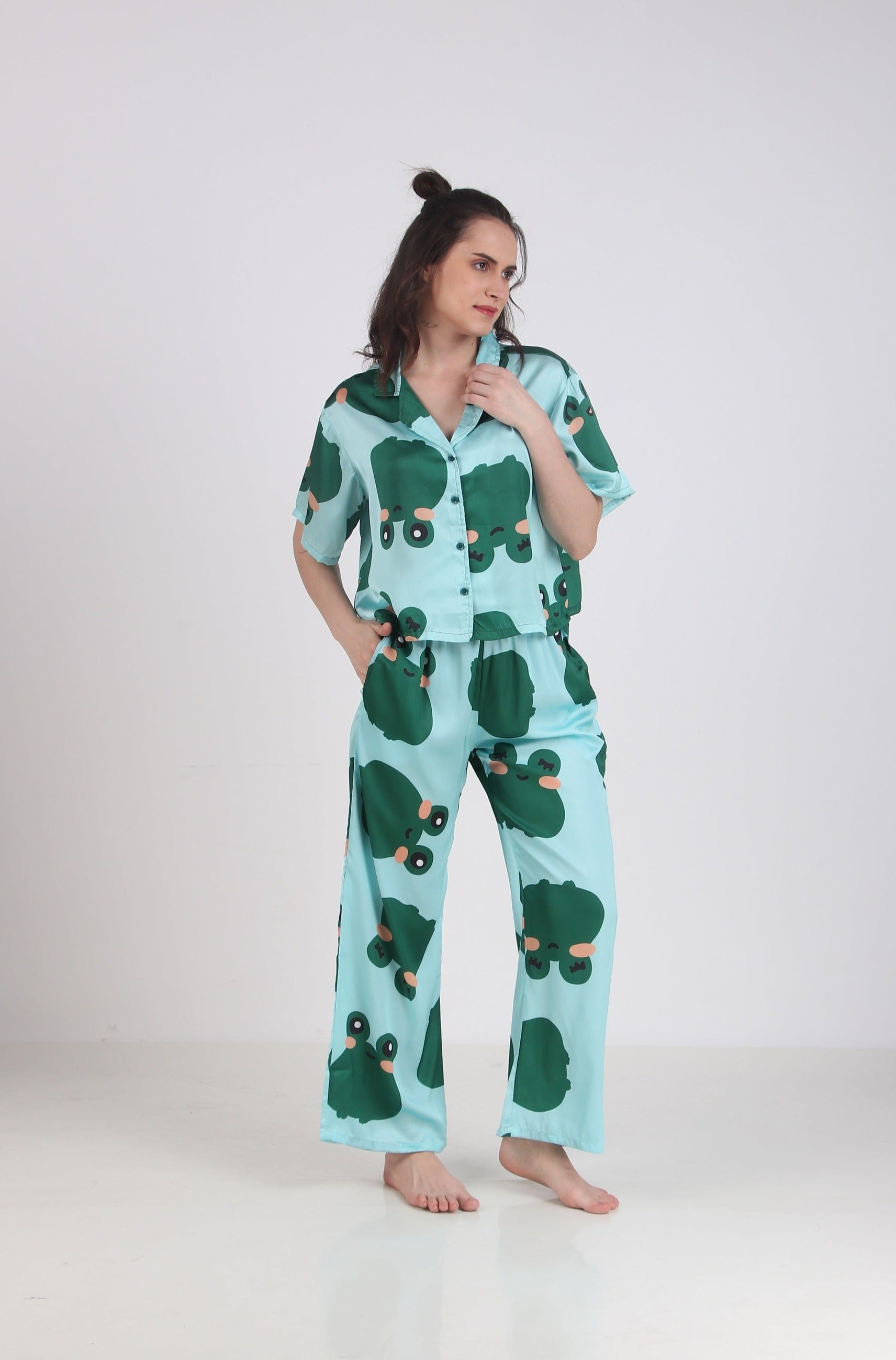 Satin Green Frog Top & Pyjama Set