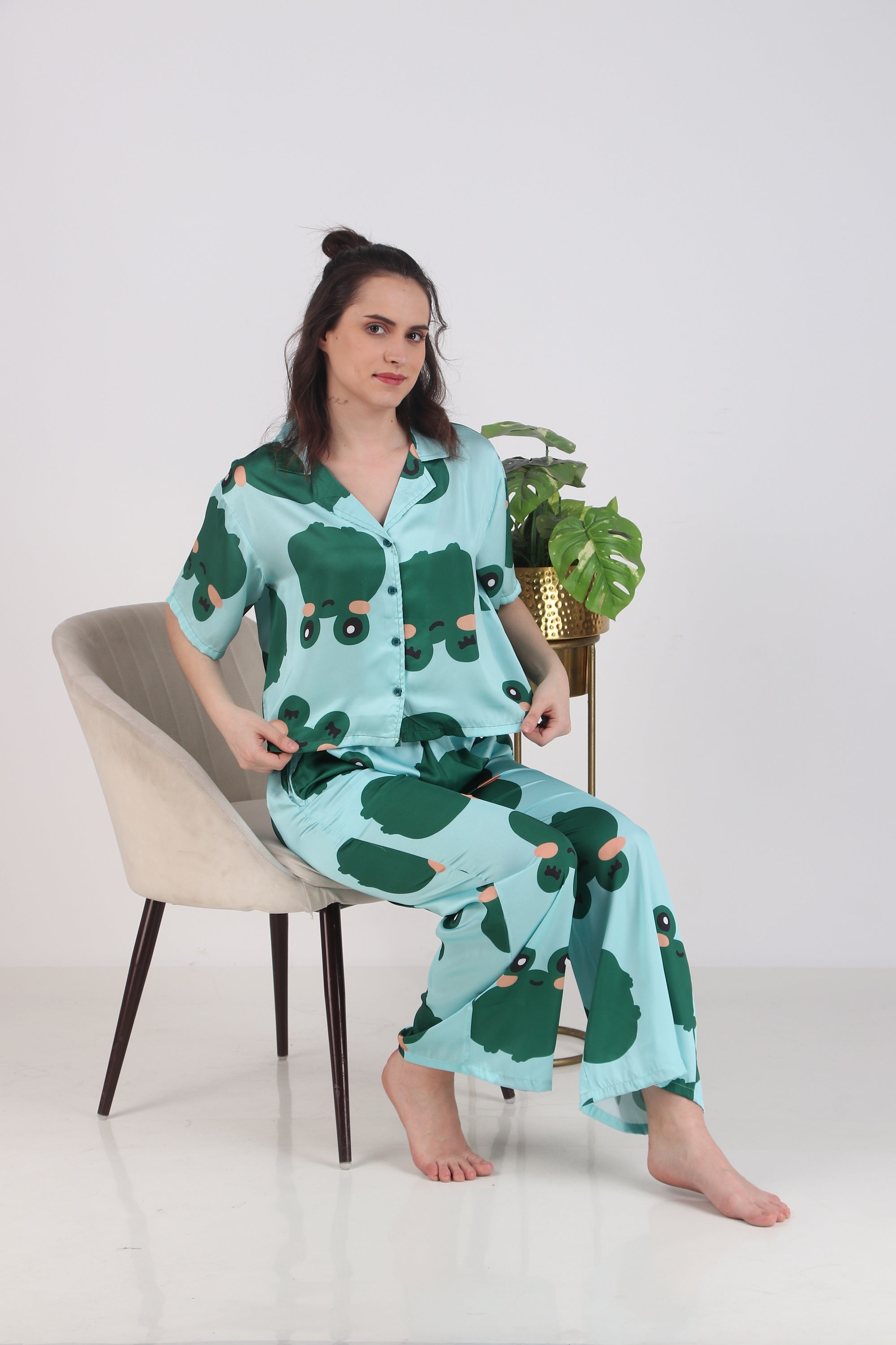 Satin Green Frog Top & Pyjama Set