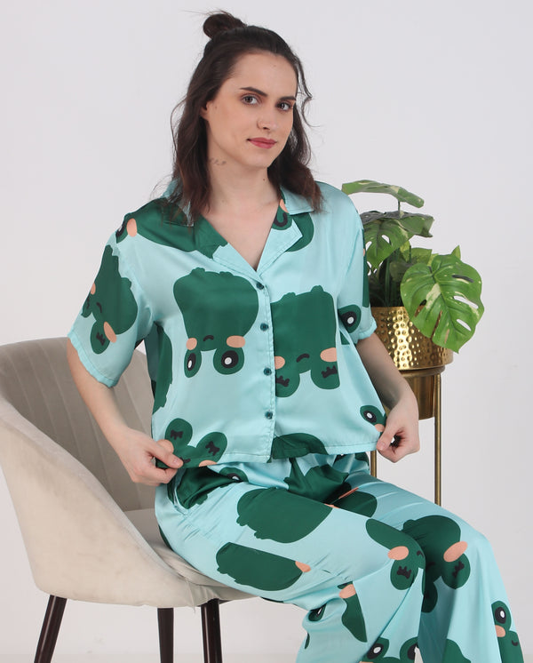 Satin Green Frog Top & Pyjama Set