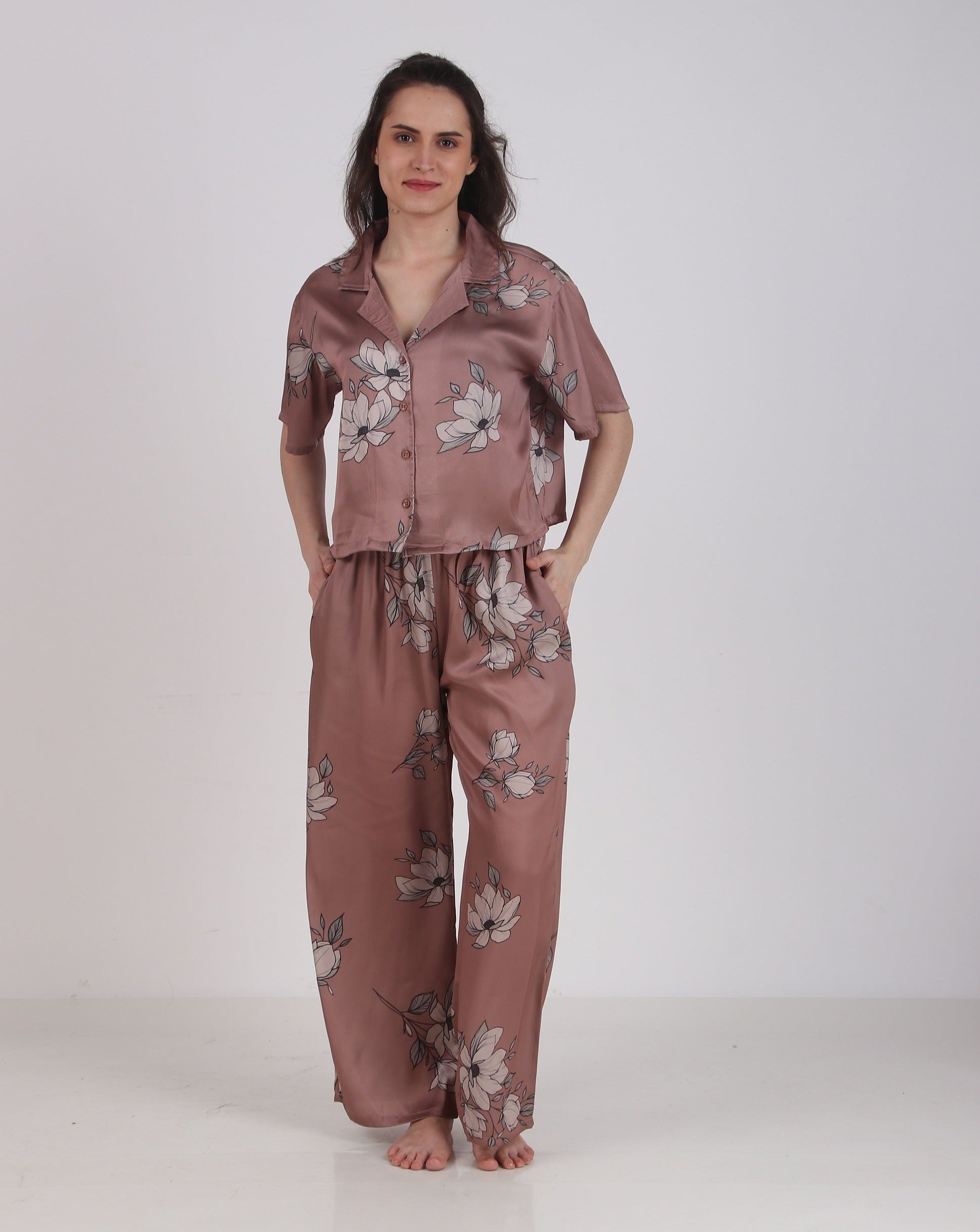 Satin Brown-Flower Top & Pyjama Set