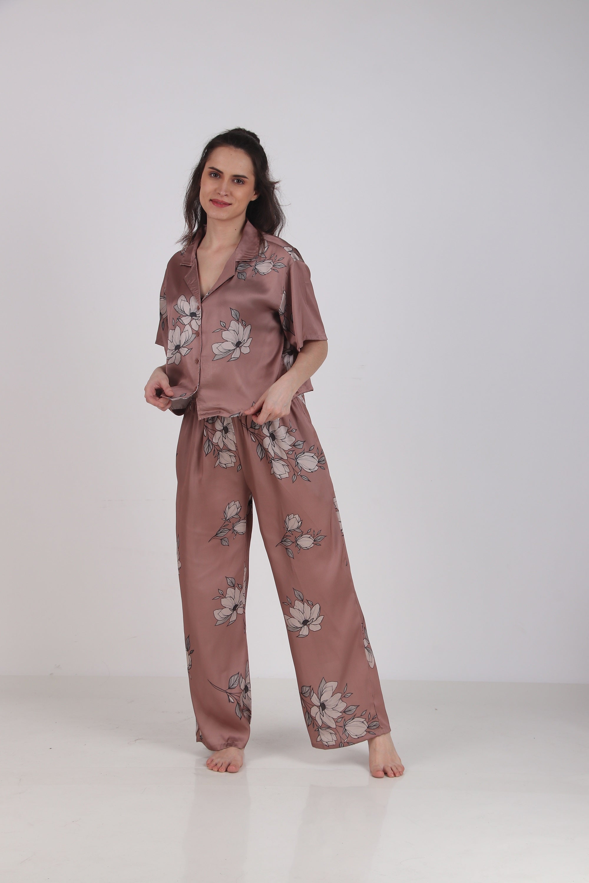 Satin Brown-Flower Top & Pyjama Set