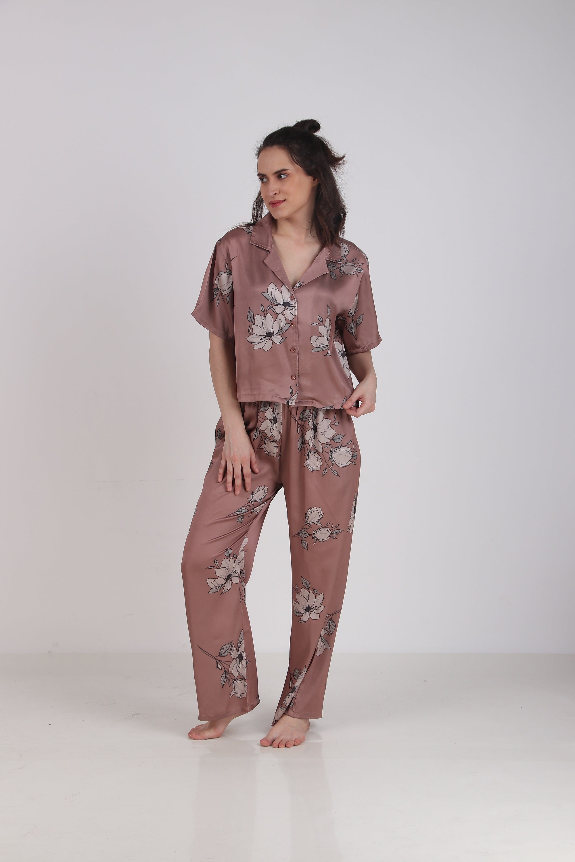 Satin Brown-Flower Top & Pyjama Set