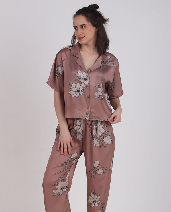 Satin Brown-Flower Top & Pyjama Set