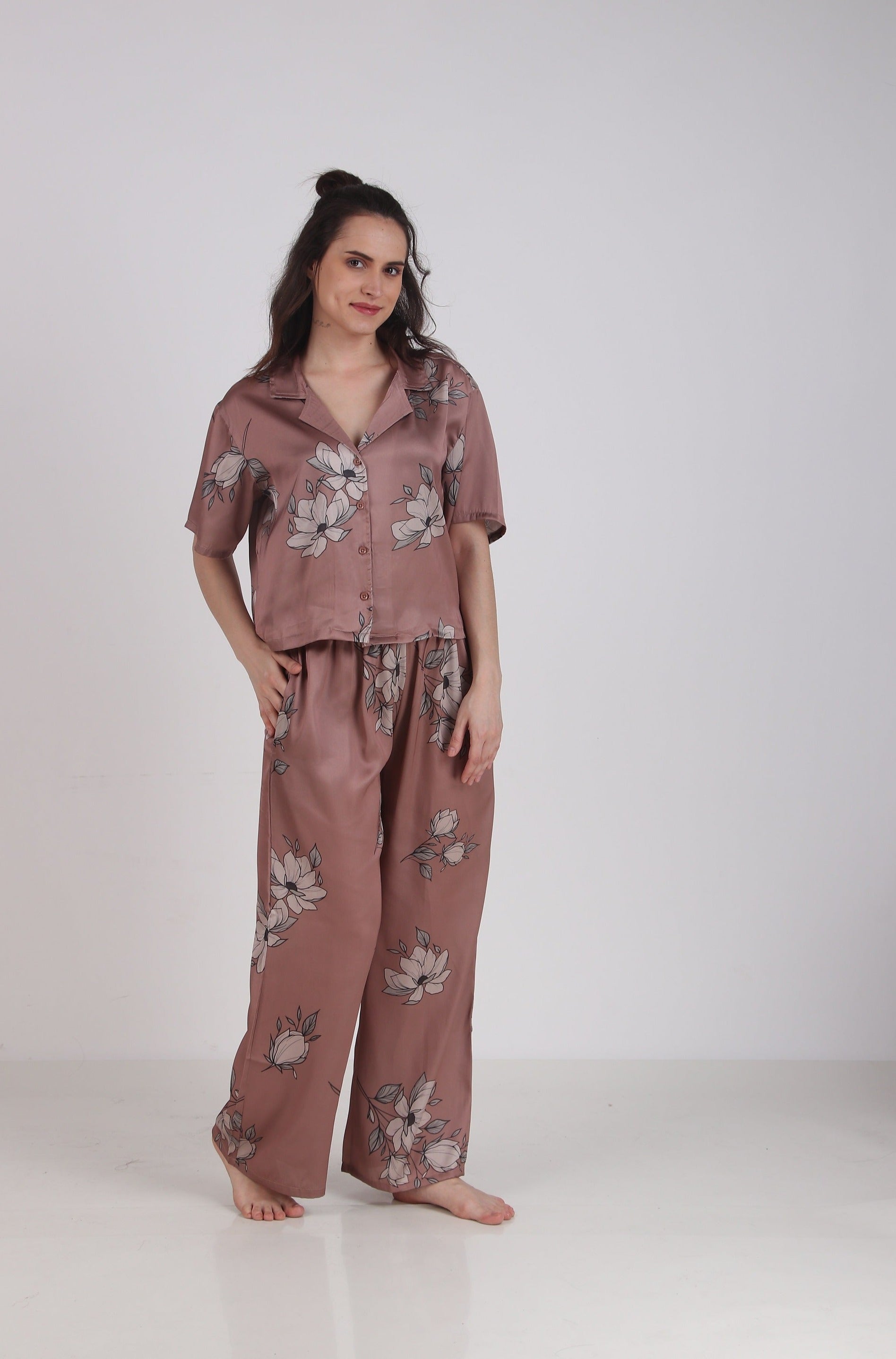 Satin Brown-Flower Top & Pyjama Set