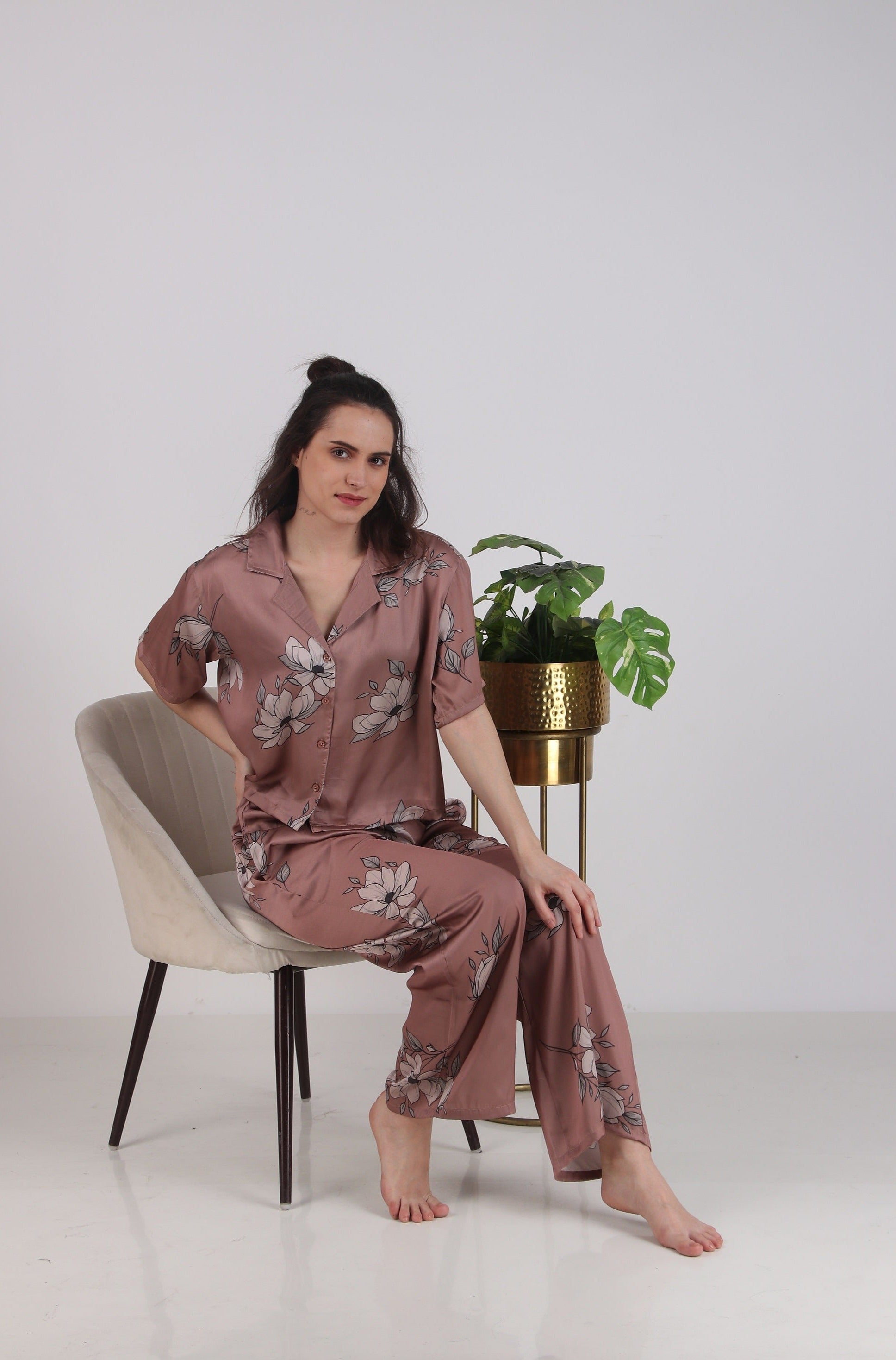 Satin Brown-Flower Top & Pyjama Set