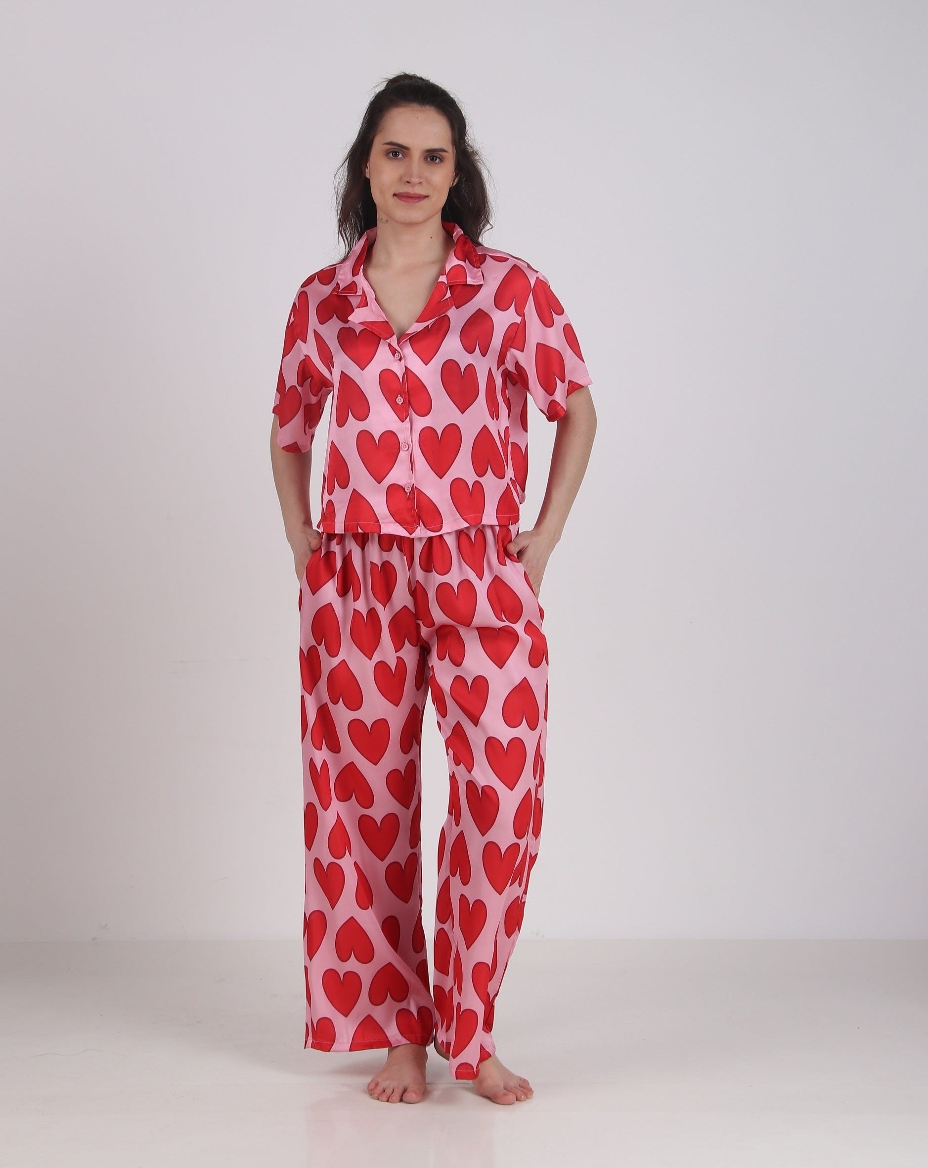 Satin Red-Heart Top & Pyjama Set