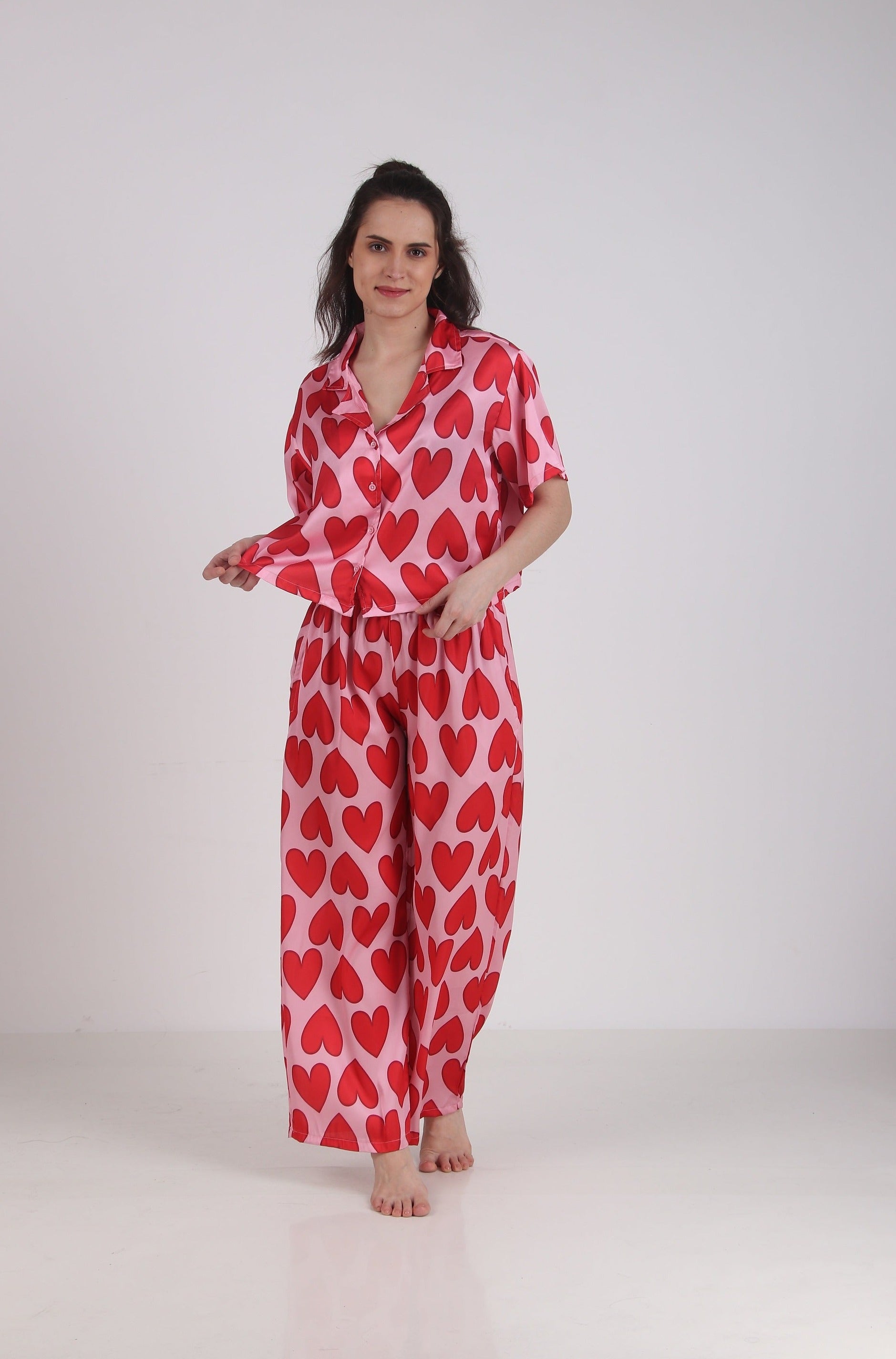 Satin Red-Heart Top & Pyjama Set