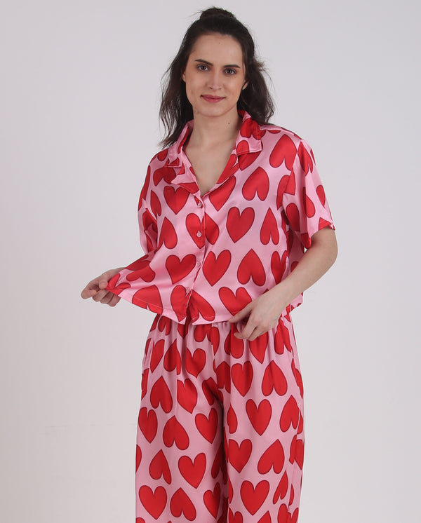 Satin Red-Heart Top & Pyjama Set