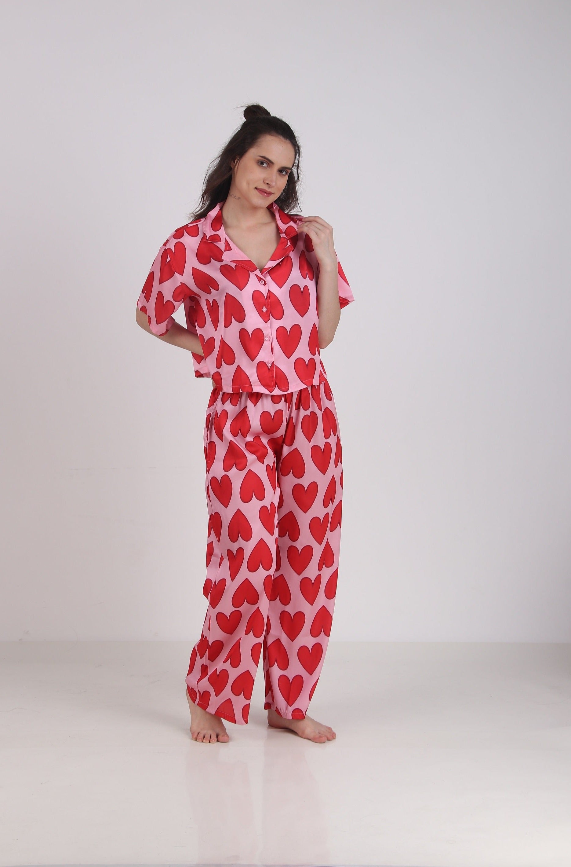 Satin Red-Heart Top & Pyjama Set