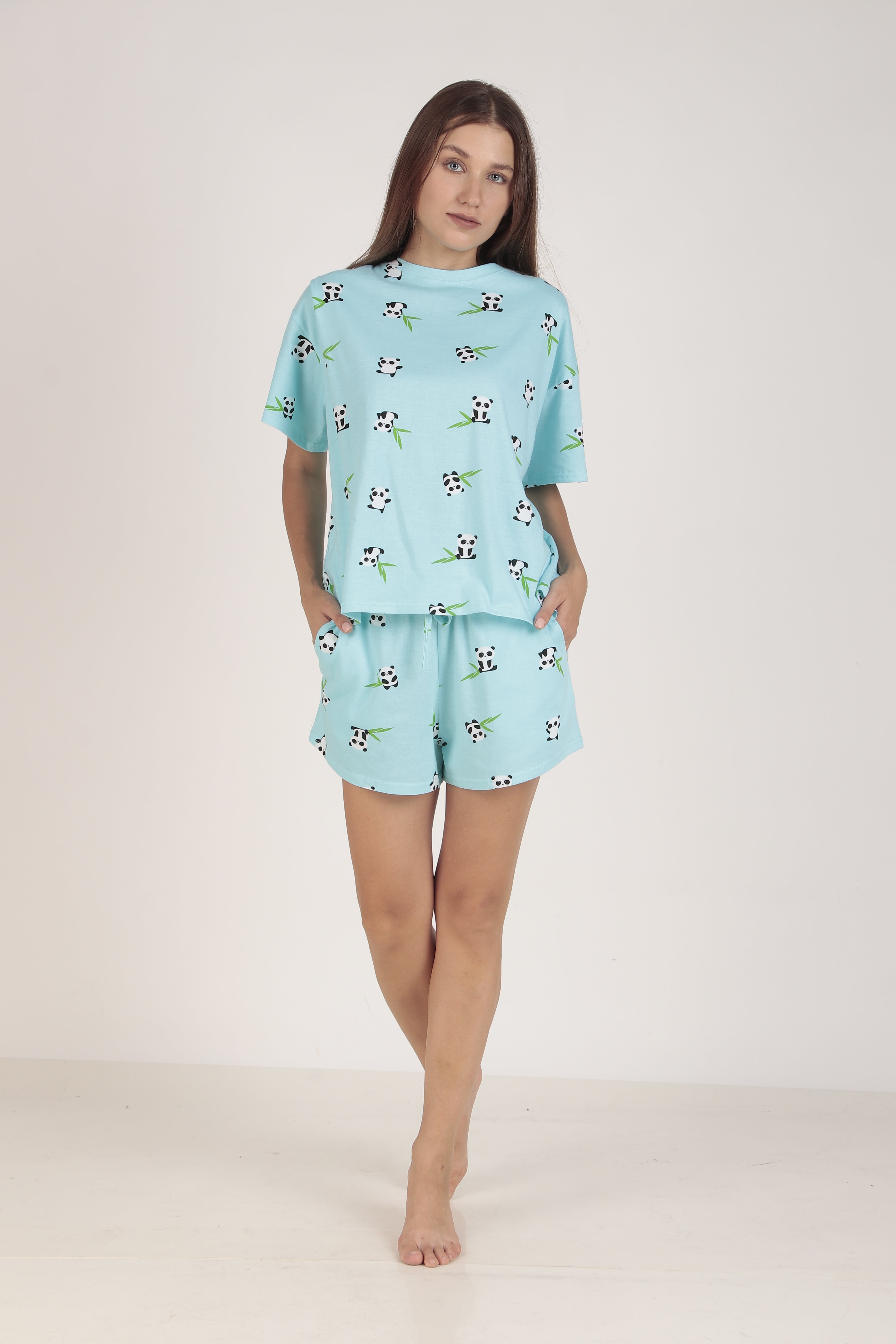 Cotton-Sky-Blue Panda-Top & Short Set