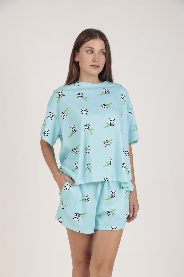 Cotton-Sky-Blue Panda-Top & Short Set