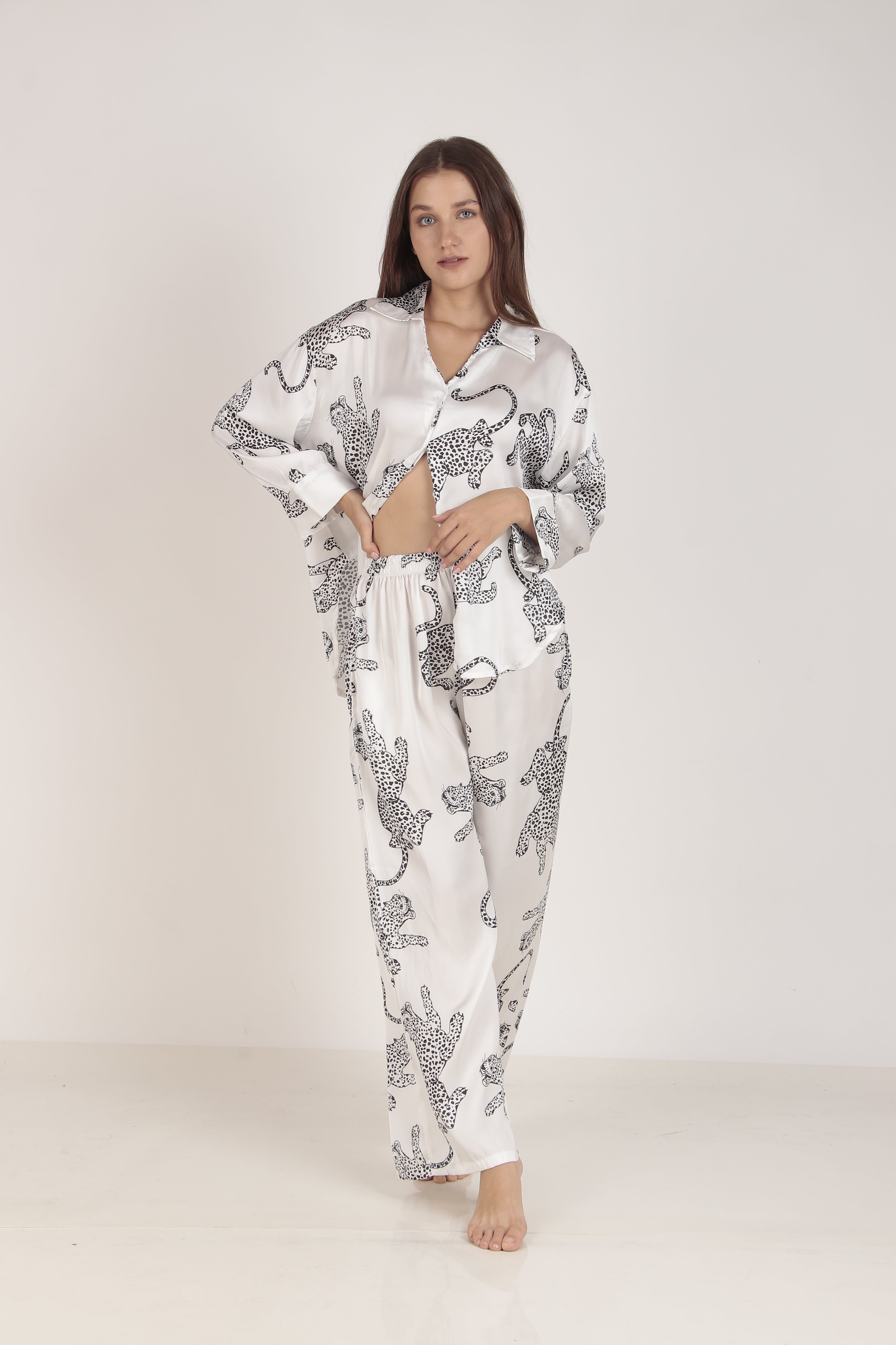 White cheetah Oversized Satin PJ Set