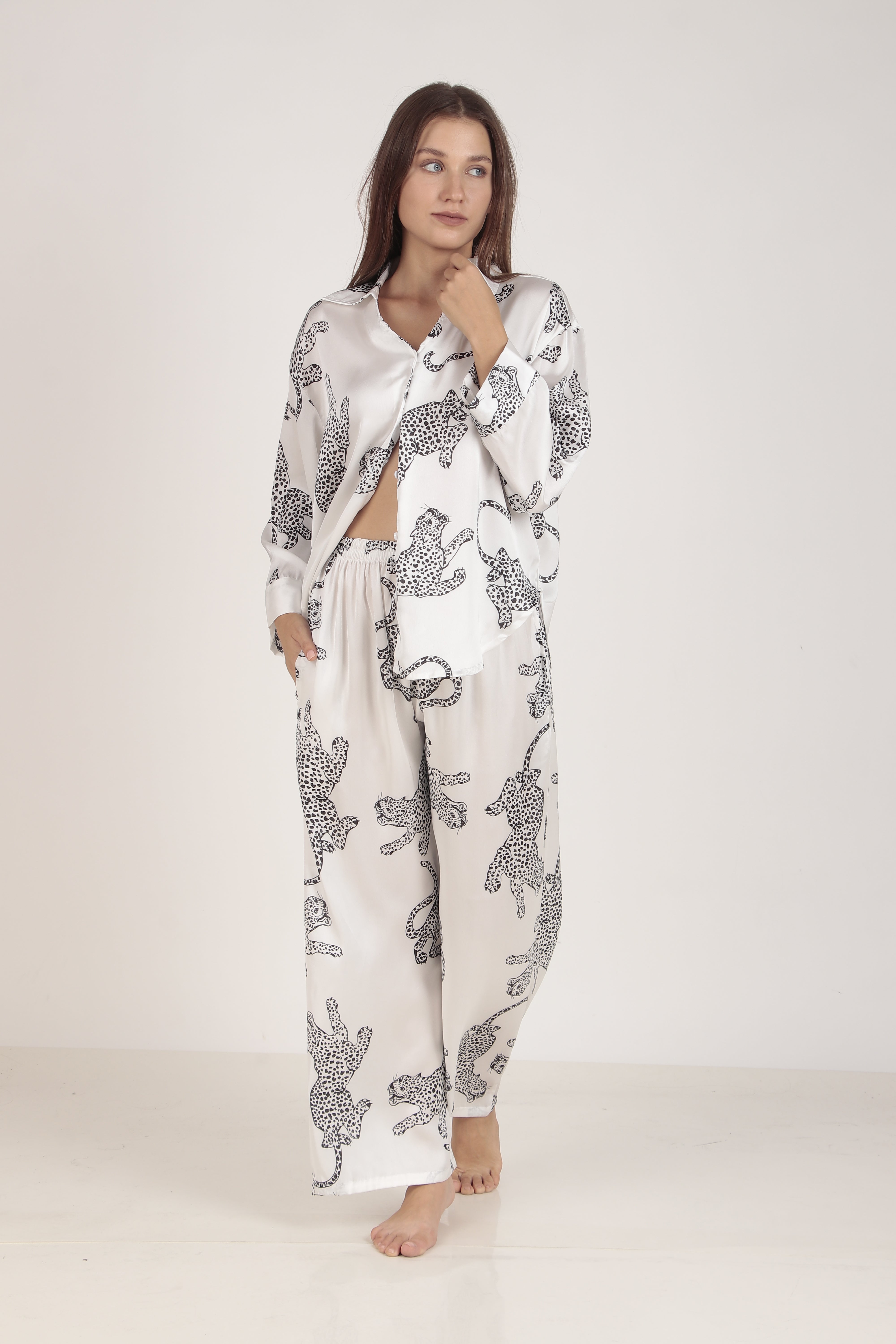 White cheetah Oversized Satin PJ Set