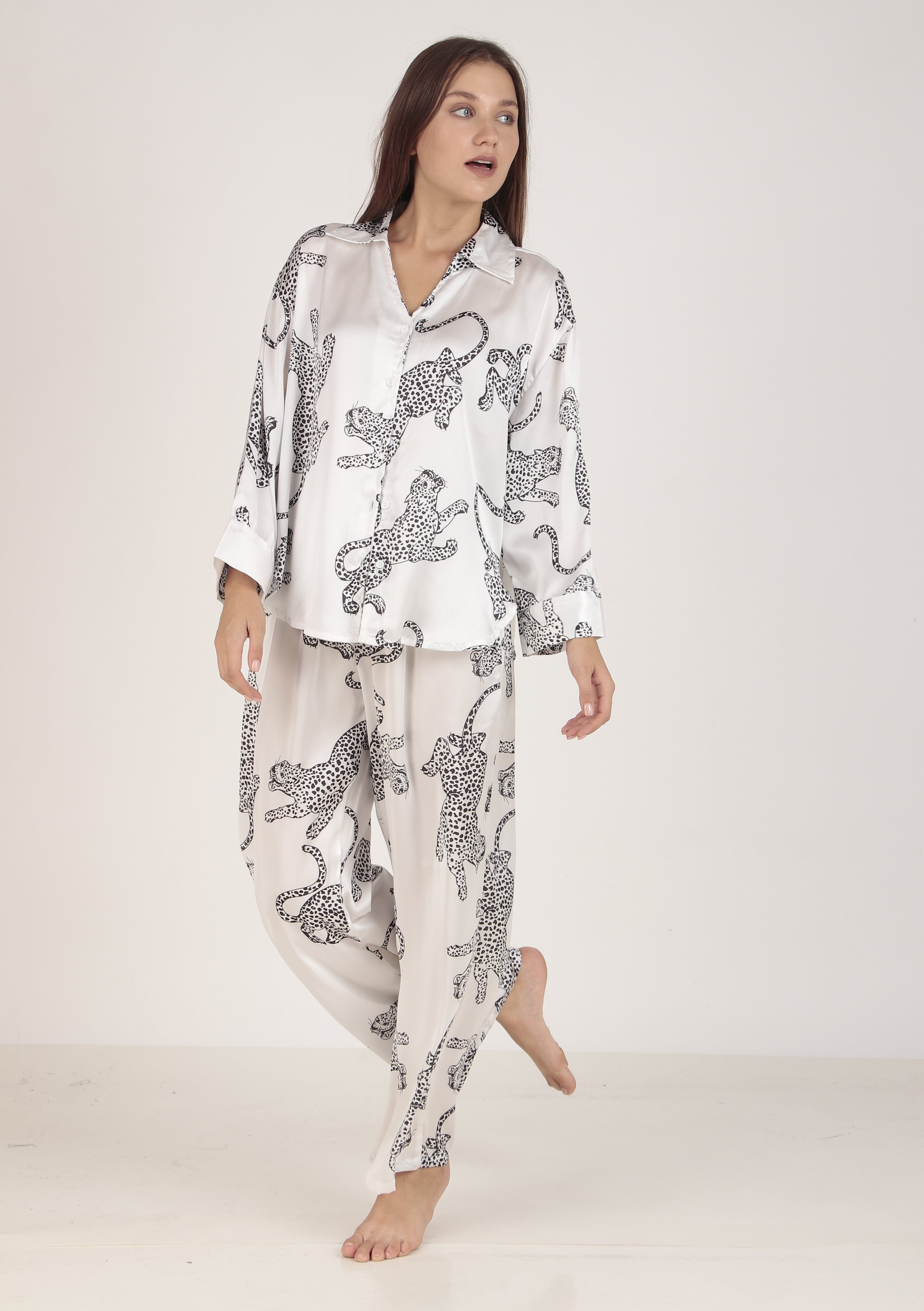 White cheetah Oversized Satin PJ Set