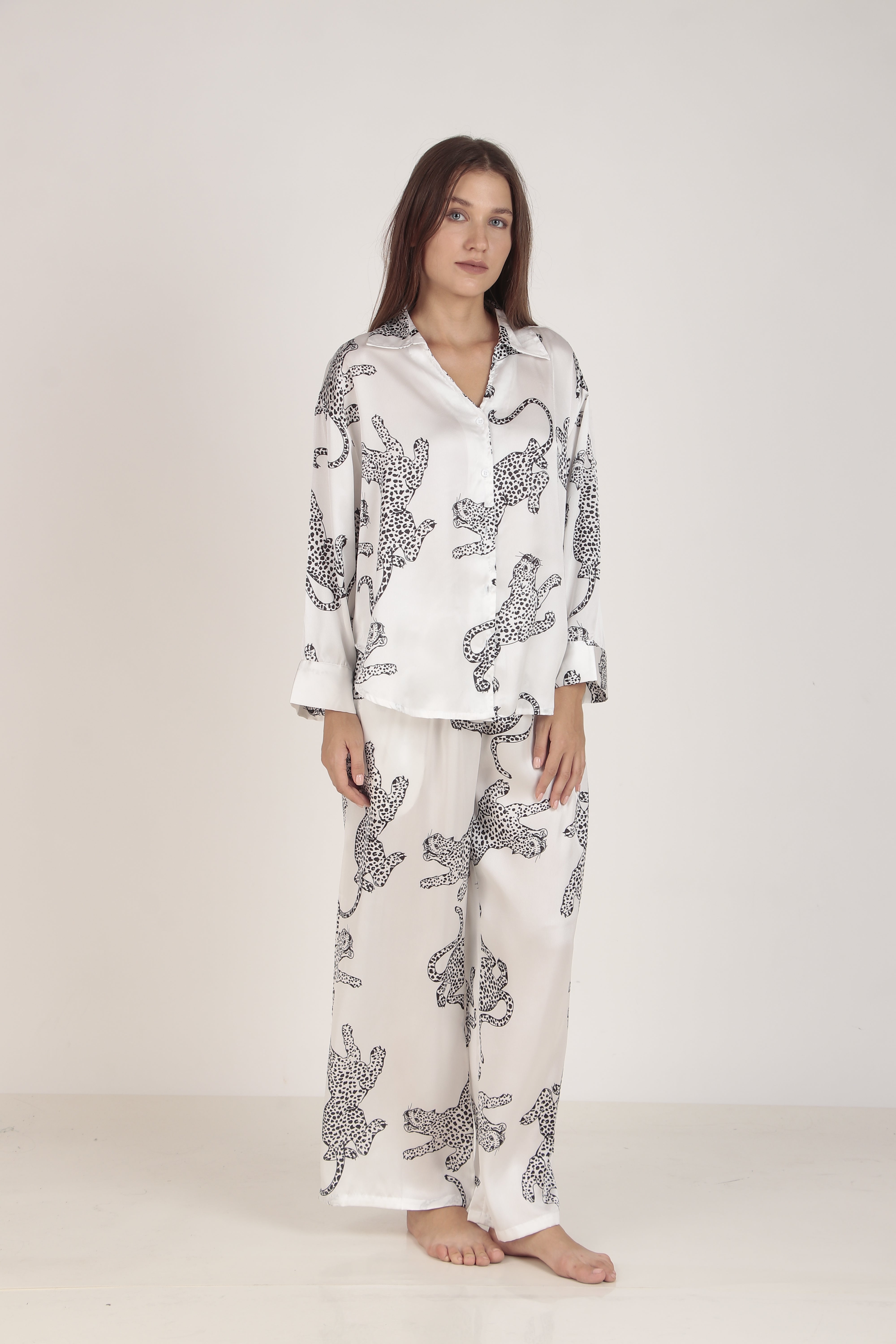 White cheetah Oversized Satin PJ Set