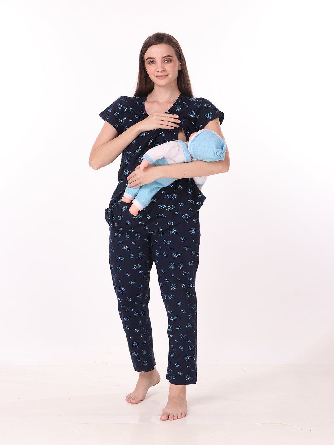 Maternity & Nursing Pajama Set + Baby Wrap - Navy Polka dots