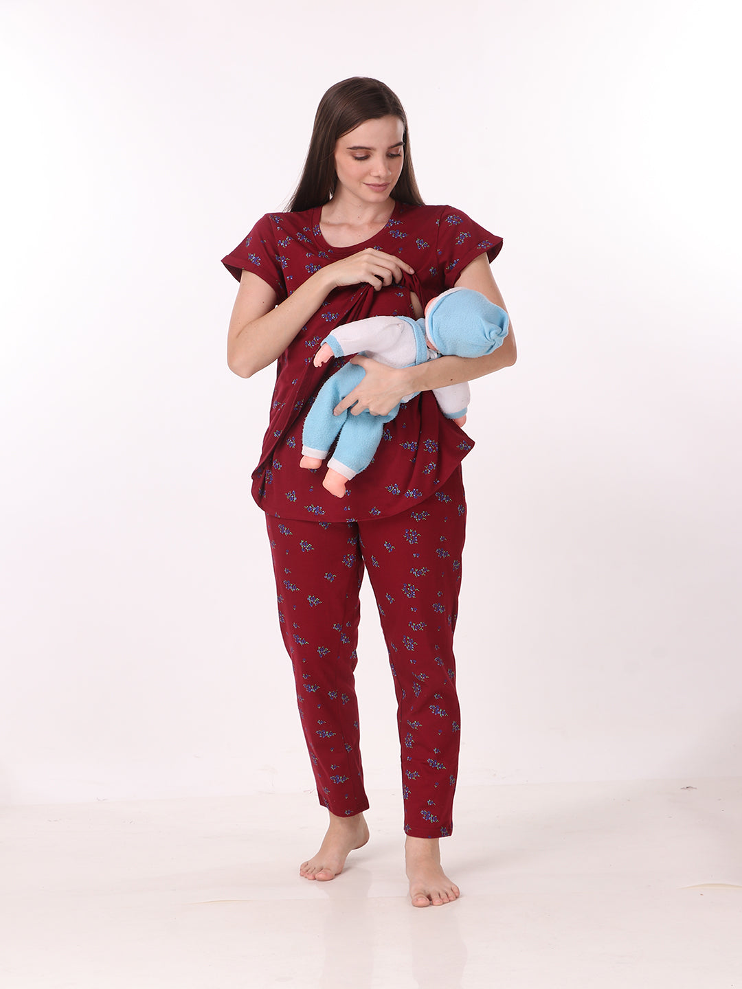 Maroon Flower Maternity/Nursing Pj Set